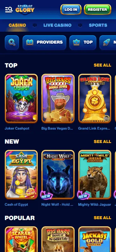 Spins Of Glory Casino games area on a mobile device