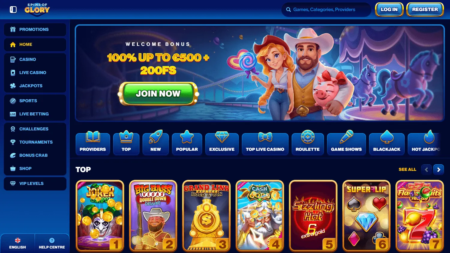 Spins Of Glory Casino home on desktop