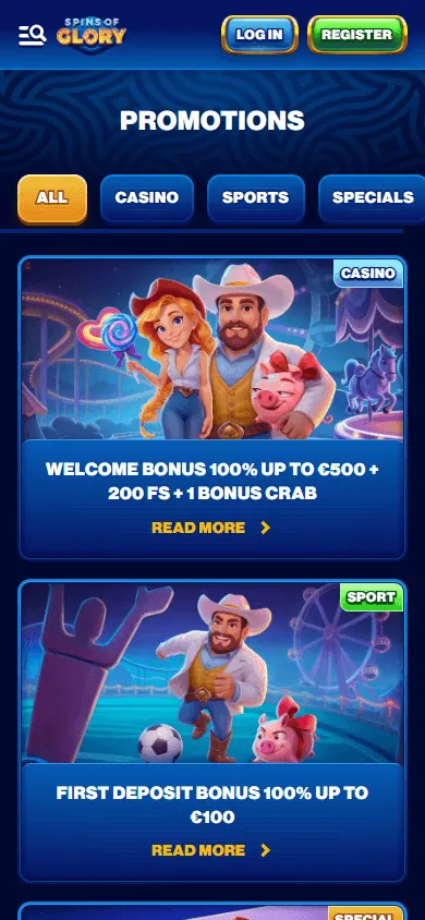 Spins Of Glory Casino promotions area on a mobile device