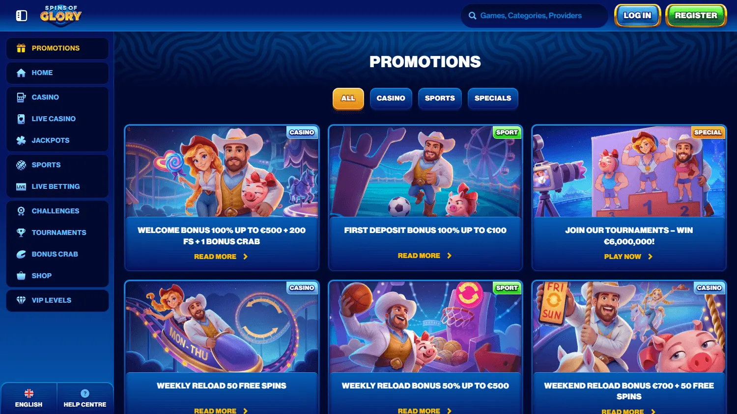 Spins Of Glory Casino promotions area on desktop