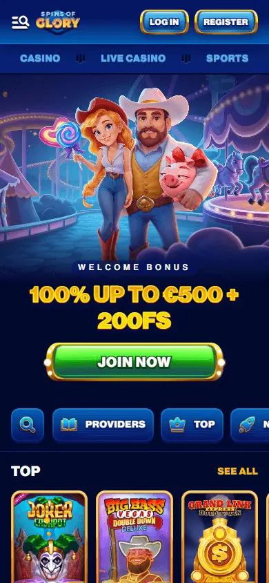 Spins Of Glory Casino home on a mobile device